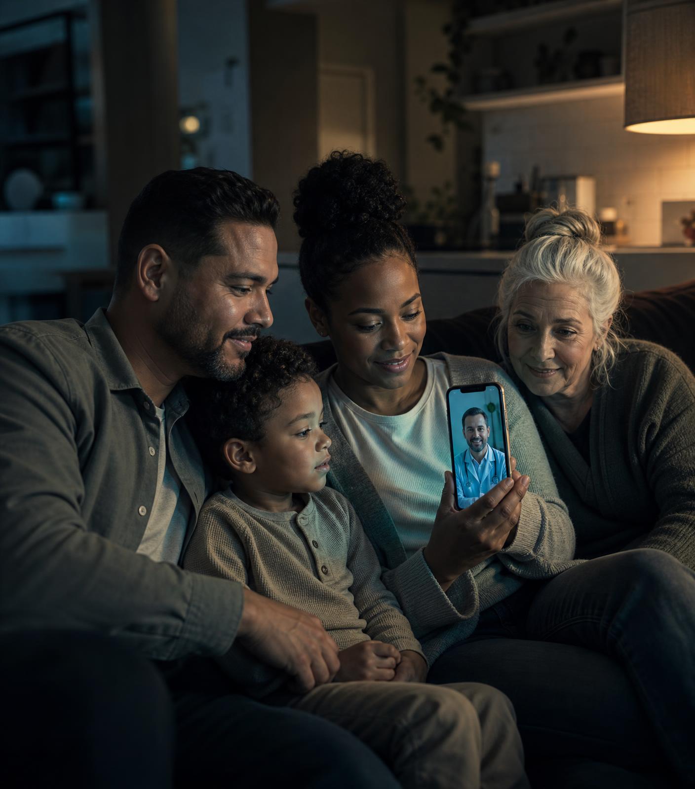A family on the couch having a video visit with a doctor on a phone